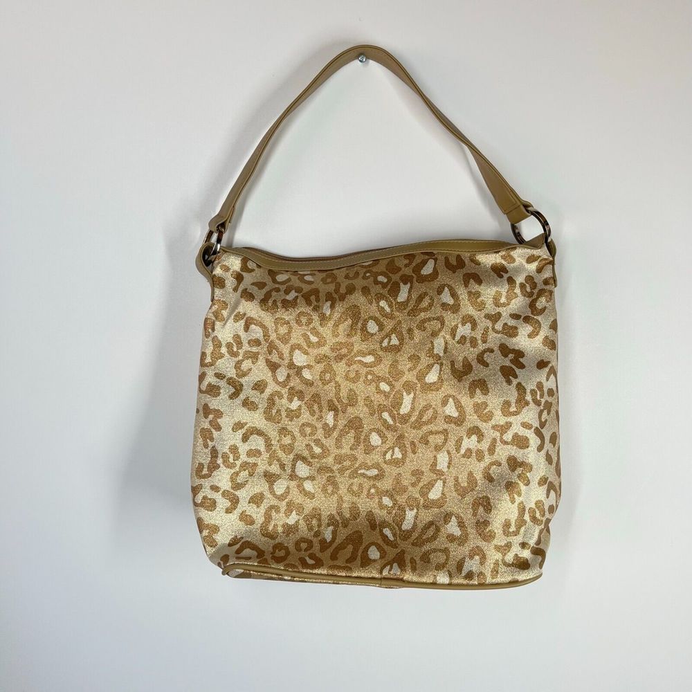 Liz Claiborne Shoulder Bag Size M Gold Animal Print Pink Lining Zipper Casual - Picture 10 of 11